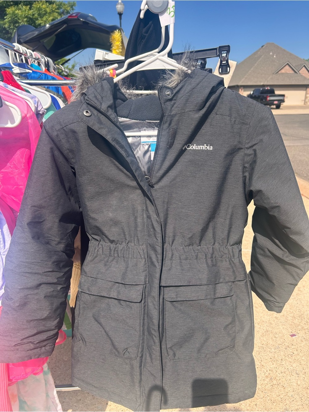 Columbia Girls' Charcoal Hooded Puffer Jacket with Faux-Fur Trim